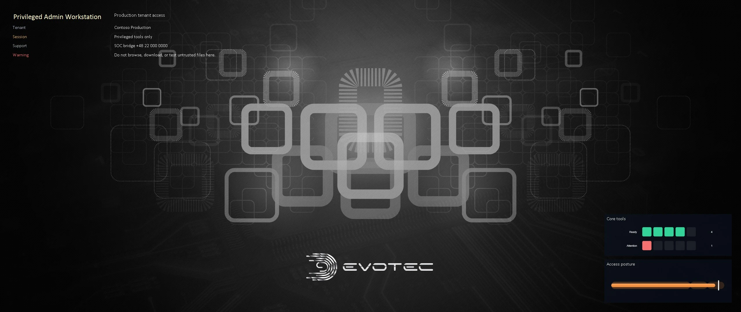 An admin workstation wallpaper with machine identity and support context