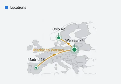 Service routes across Europe. Dotted Map. SVG, PNG and C# source with matching light and dark themes.