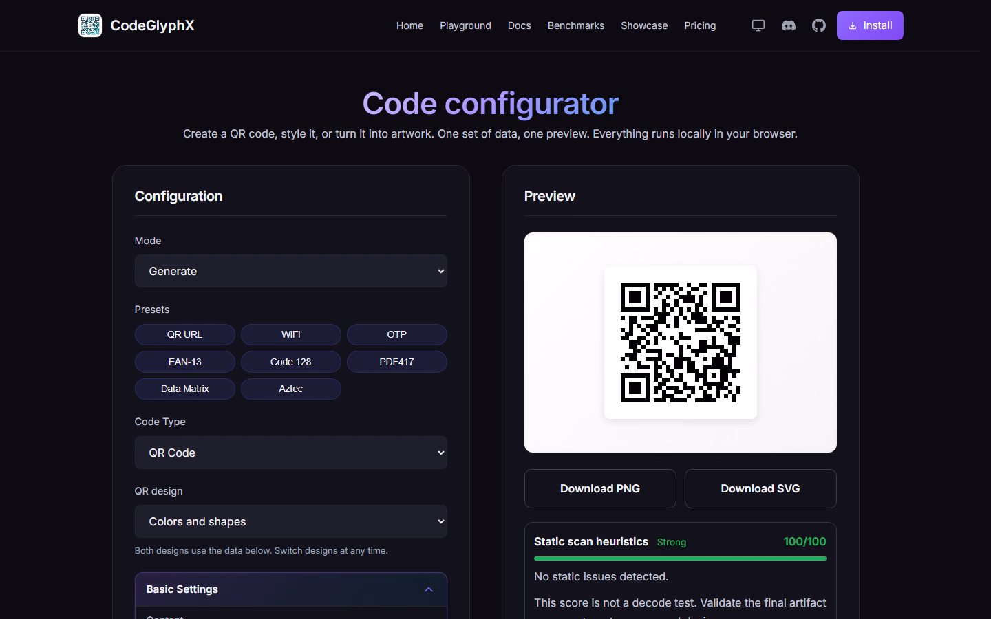 CodeGlyphX code configurator with presets for QR, WiFi, OTP, EAN-13, Code 128, PDF417, Data Matrix, and Aztec next to a QR code preview