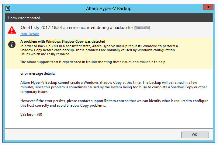 The shadow copy provider had an unexpected error while trying to process the specified command.