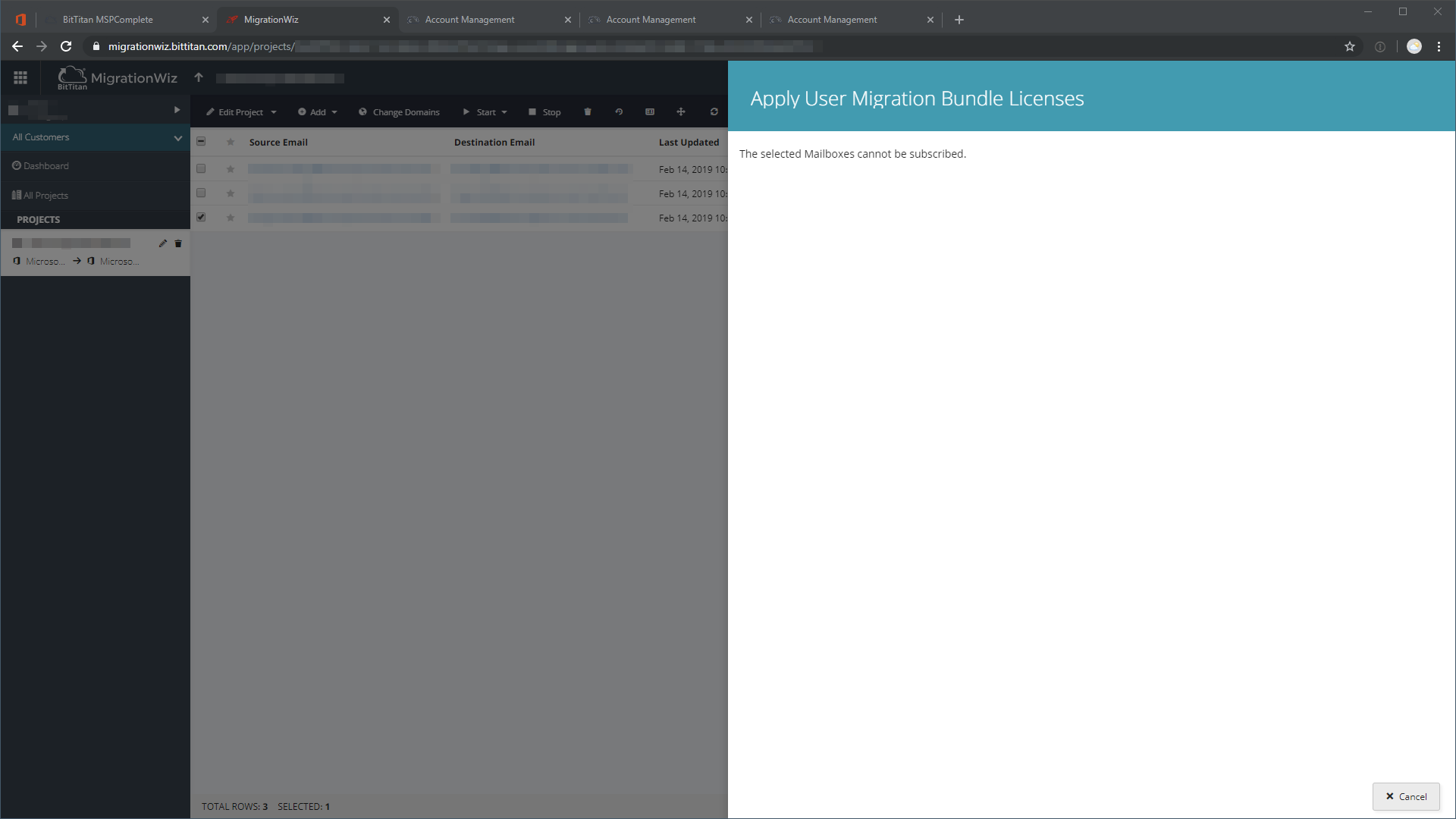 Bittitan MigrationWiz – The selected Mailboxes cannot be subscribed