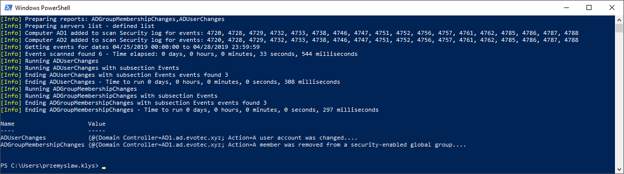 Group Membership Changes, User Changes Computer AD1 added to scan Security log for events: 4720, 4728, 4729, 4732, 4733, 4738, 4746, 4747, 4751, 4752, 4756, 4757, 4761, 4762, 4785, 4786, 4787, 4788