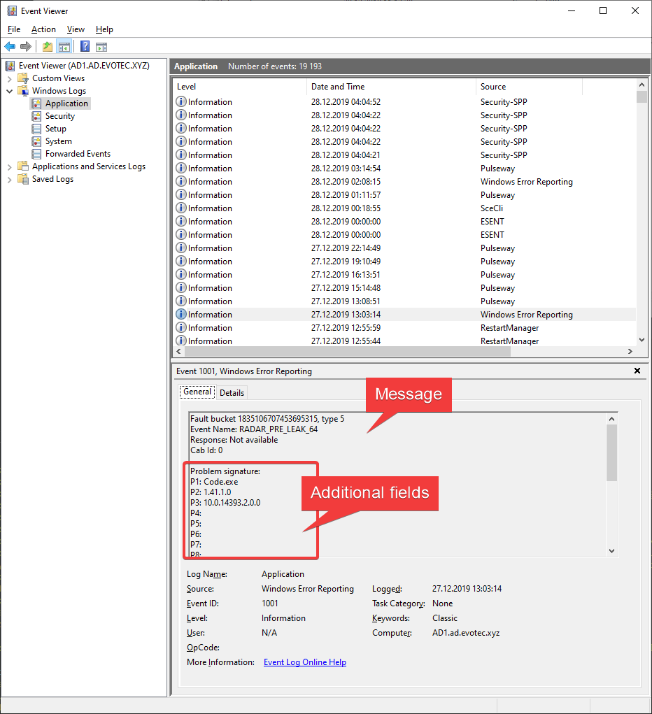 Sending information to Event Log with extended fields using PowerShell