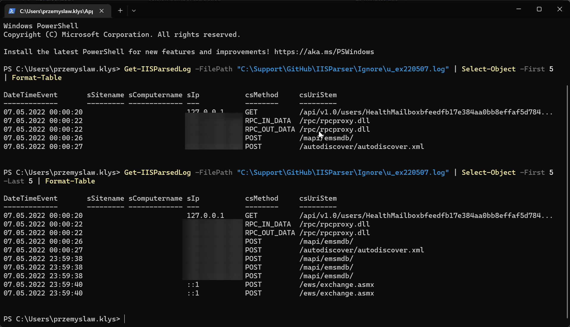 Reading IIS logs with PowerShell